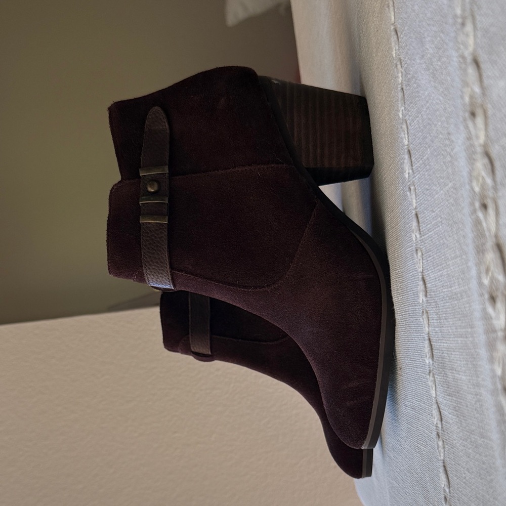 Plum suede booties with cute buckle. PERFECT fall booties never worn out!